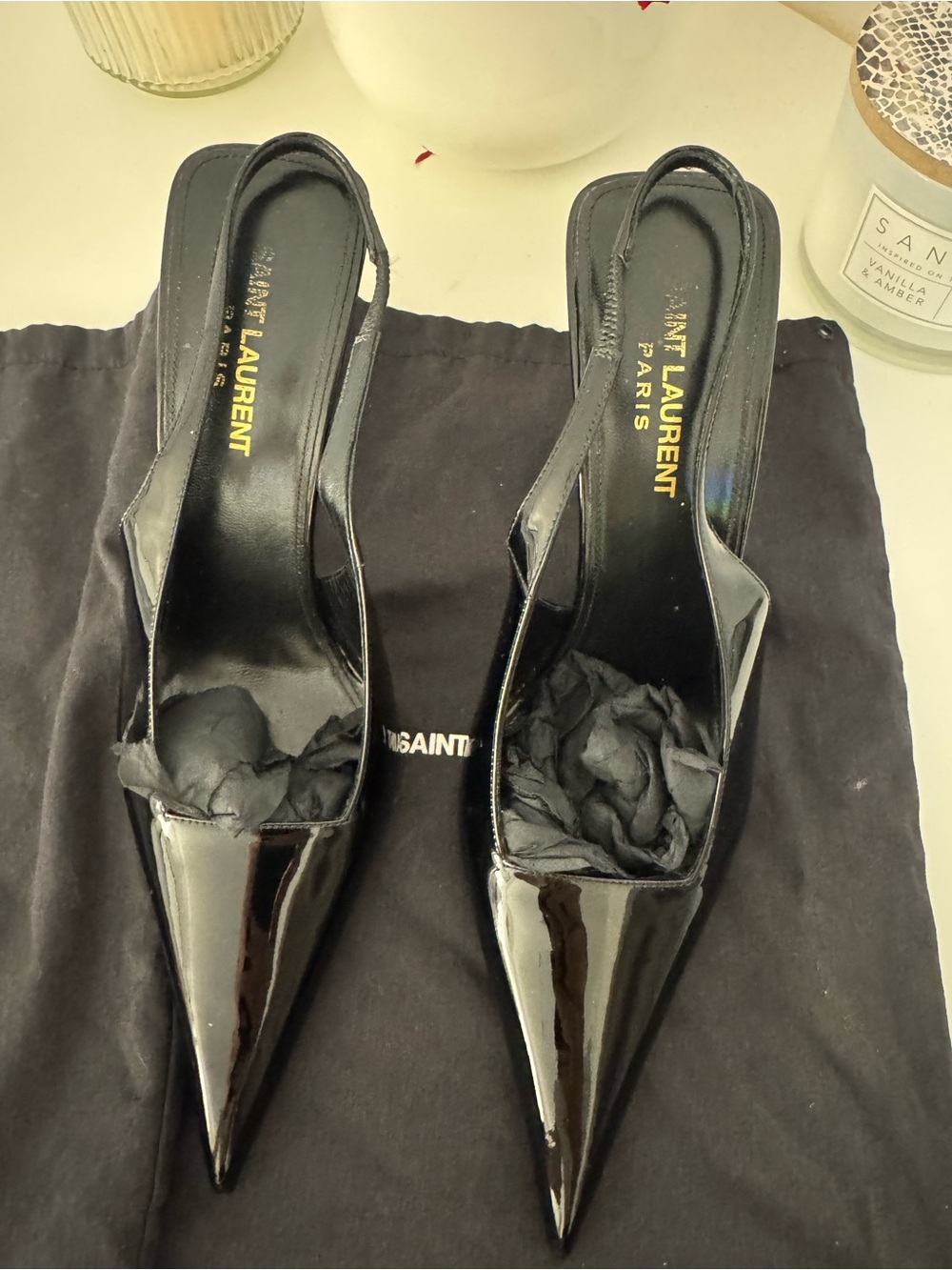 Saint Laurent Black Patent Leather Pointed Slingback Pumps